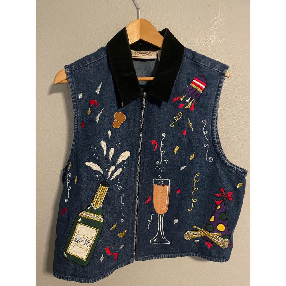 Vintage Rhythm Vest Womens XL Denim New Years 2000 Party Embroidered Artsy 90s